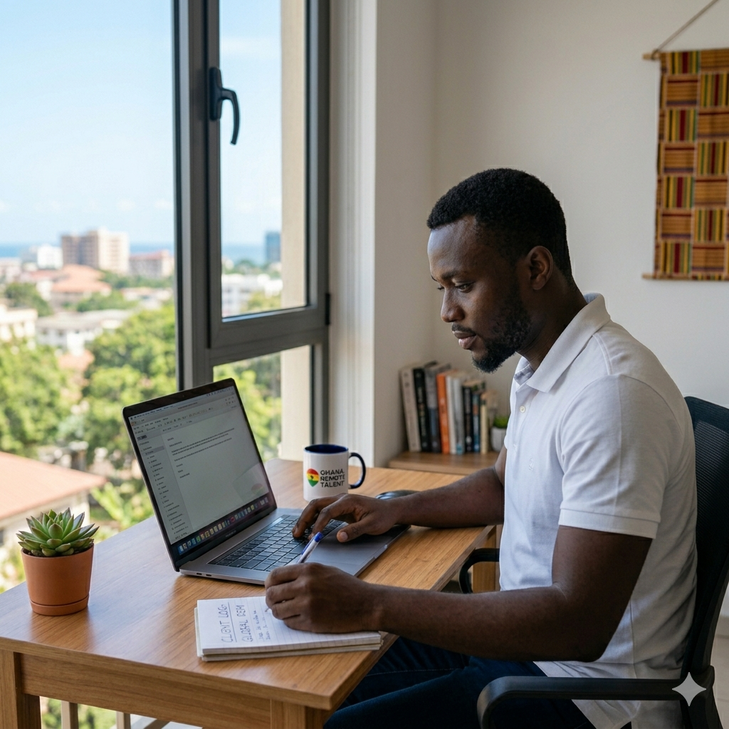 MeridianHire professional working from a home office in Ghana